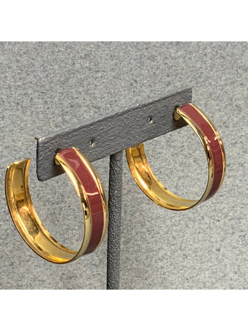 Retro Hoop Earrings 1.5 In Maroon Enamel Gold Elegant Vintage Style Classic 80s